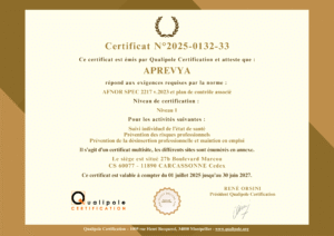 Certificat de conformité délivré à Aprevya par Qualipole Certification selon la norme AFNOR SPEC 2217 v.2023, niveau 1, valable du 1er juillet 2025 au 30 juin 2027